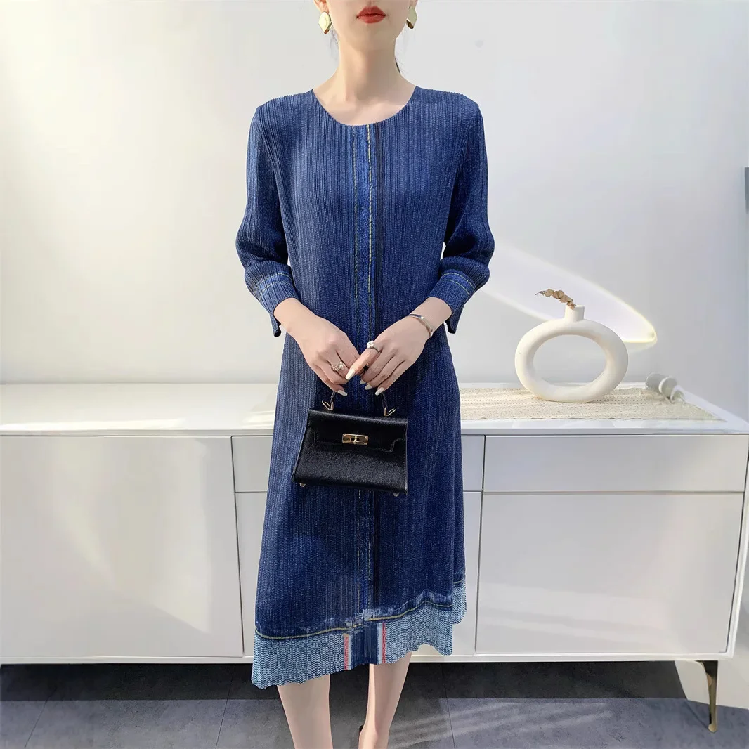 YUDX Women's Dress Denim Color Printed Seven Sleeve Medium Long Pleated Skirt 2024 Autumn New image 2