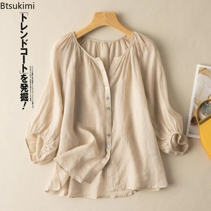 

Women's Lantern Sleeve Cotton and Linen Shirt Tops Spring and Summer Fashion Large Size Literary Retro V-neck Casual Top Blouses