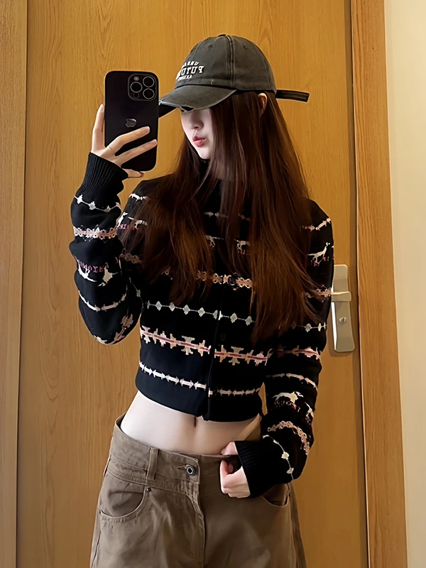 

Ретро-кардиган женский вязаный с длинными рукавами и круглым вырезом, весенняя новинка, с вышивкой в стиле Fair Isle, приталенный, теплый свитер