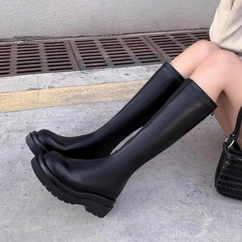 Herbst/Winter Neue Stiefeletten Damen Koreanischer Stil Leder Rundzehenstiefel Halbhohe Stiefel mit Dickem Absatz Hohe Kavallerie-Stiefel – Detail 11