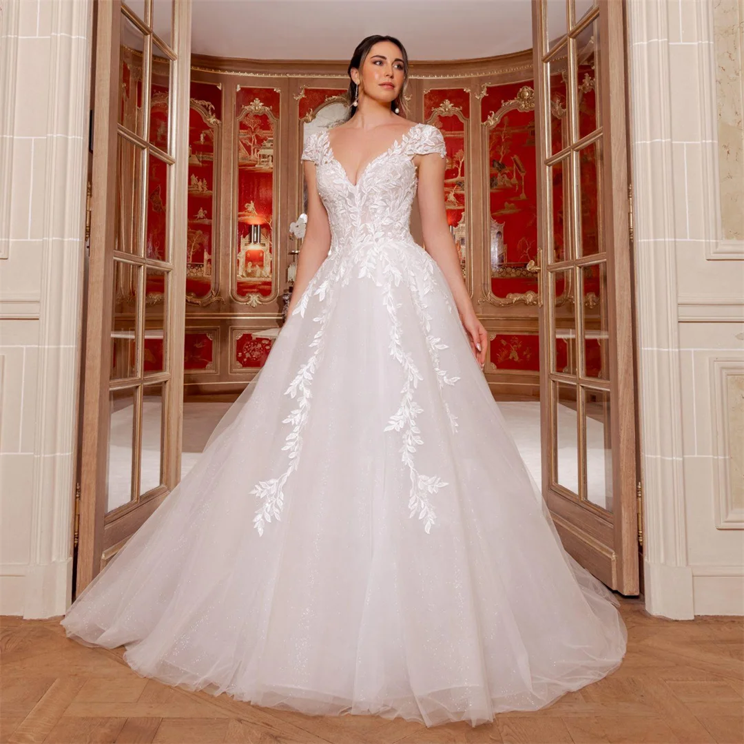 

Customized Lace Ivory Bridal Dresses V-neck Cap Sleeve Backless Appliques Sequins Vintage Wedding Dress Formal robe de mariée