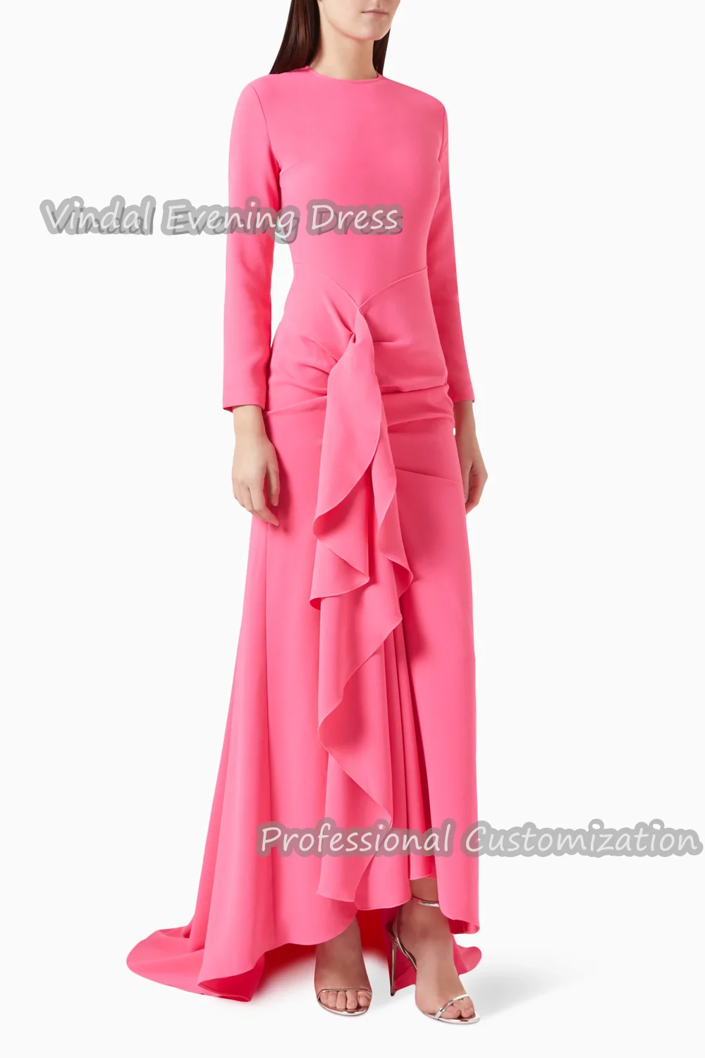 Vindal Mermaid Floor-Length Evening Dress Elegant Crepe Ruffle Long Sleeves Sexy Built-in Bra O-Neck Prom Skirt  For Woman 2024