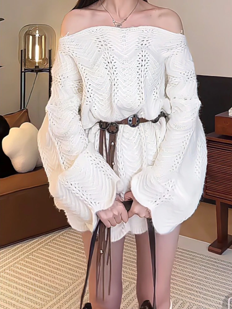 Осенний женский пуловер, свободный свитер, элегантный повседневный однотонный вязаный топ, зимний трикотаж с открытыми плечами