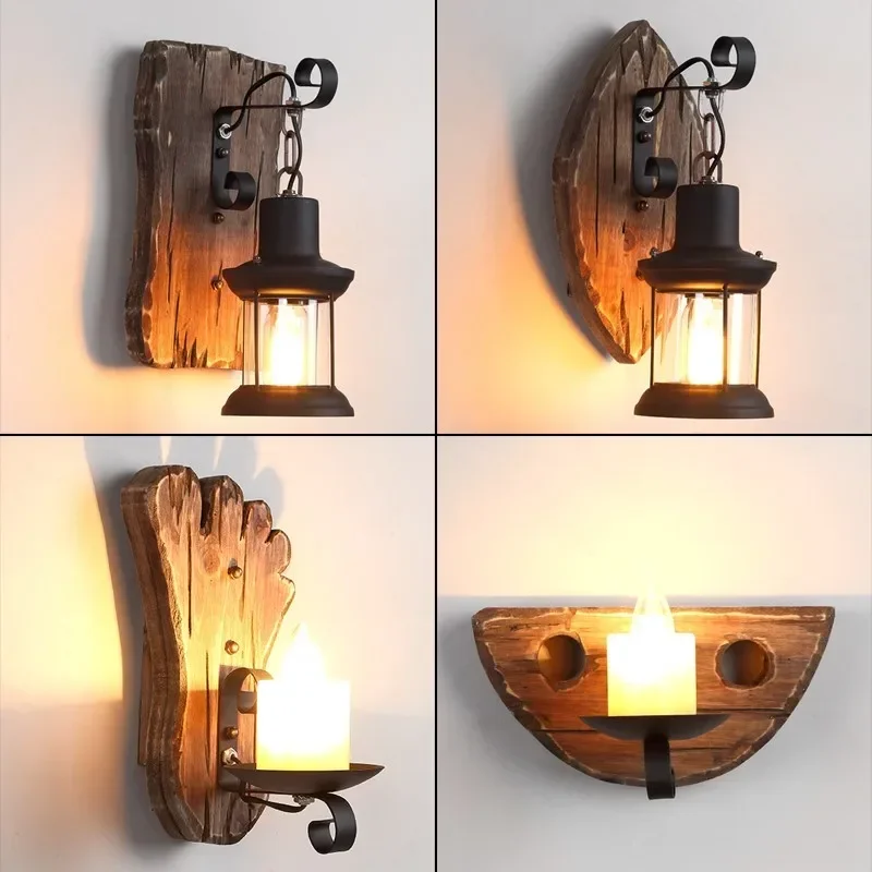 Nordic Wrought Iron Wood Wall Lamps LED Retro Creative Wall Lights for Home Bar Cafe Restaurant Living Room Decoration Lighting