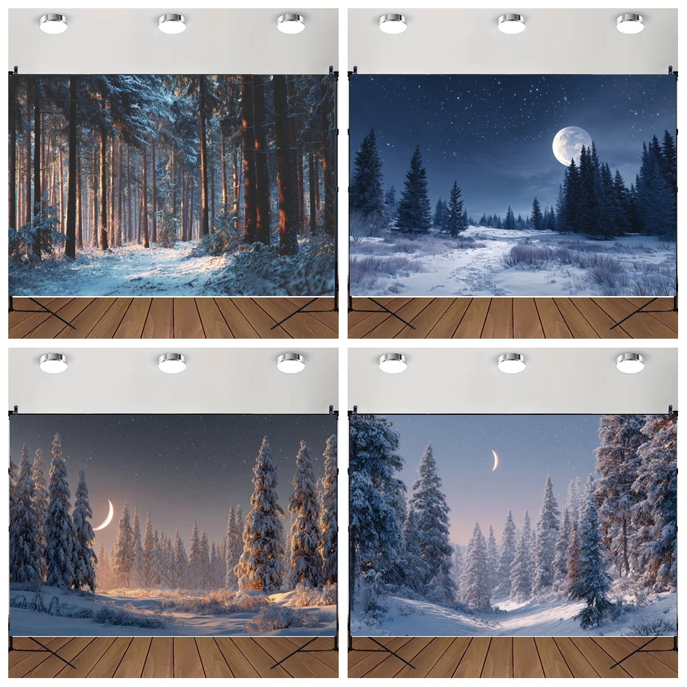 

MOON.QG Night Winter Forests Photo Background Aurora Christmas Golden Dusk Backdrops For Photography Party Props Accessories