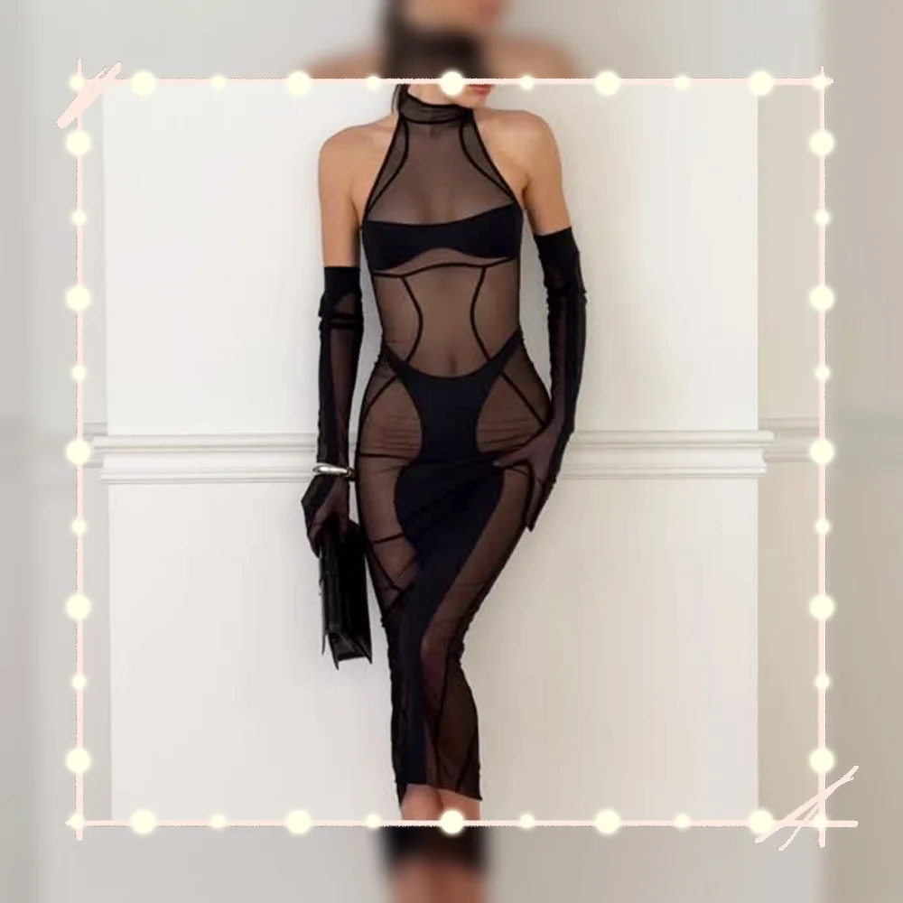 

Elegant Bodysuit Sleeveless Sexy Long Body Thong 2PC with Gloves Exclusive Mesh Pattern See Through Zip Female Clothing