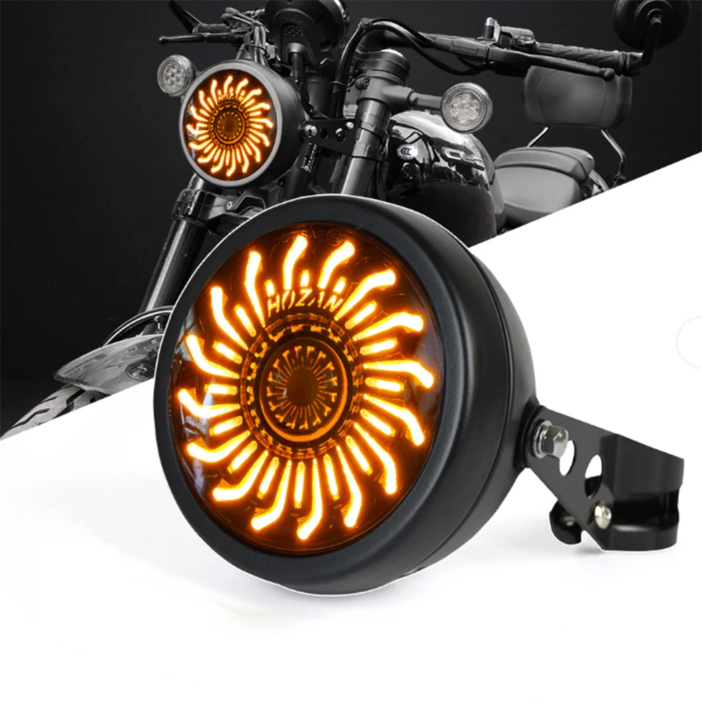 

5.75" Round Petal Motorcycle Headlight with Housing, White/Amber DRL & Turn Signals, IP67 Waterproof, Universal Fit for Harley