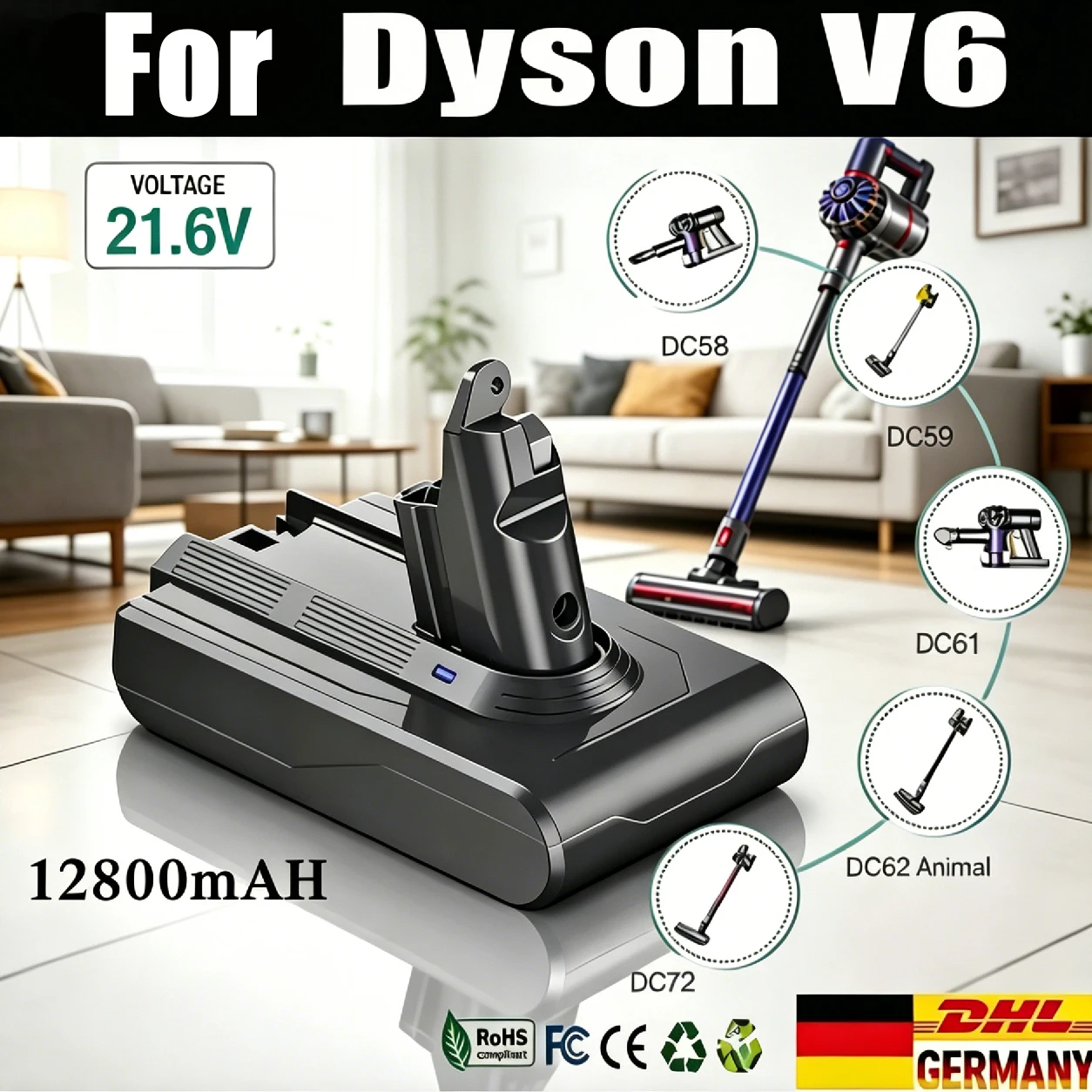 21,6V 12800mAh oplaadbare lithium-ionbatterij voor de draadloze stofzuiger Dyson V6, vervangende batterij, compatibel met de modellen DC58, DC59, DC62, DC74, SV07, SV09. Vervangt