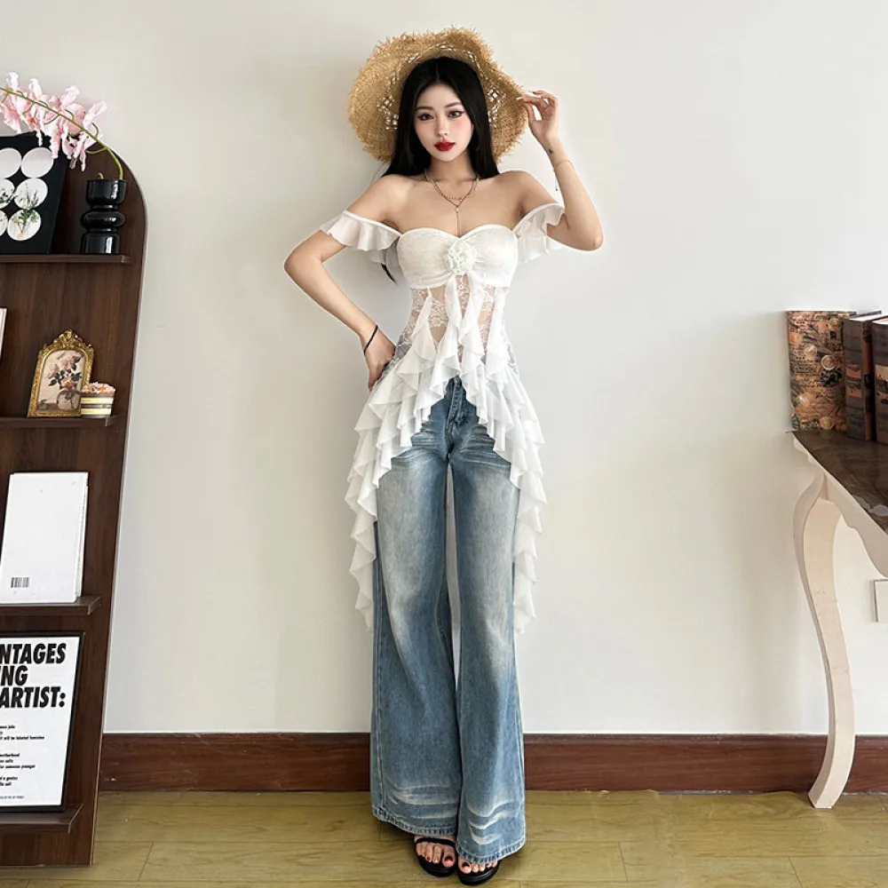 

SylCue 3d Flower Decoration Tank Tops Woman Mesh Patchwork Ruffles Ribbons Backless Irregular Hem Sweet Style Elegant Clothing