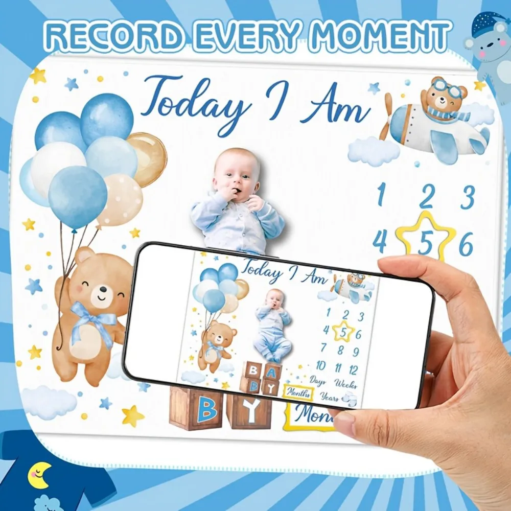 

VIKAMA Cartoon Bear Print Baby Photo Blanket, Newborn Full-Moon Commemorative Photo Backdrop, Growth Calendar Milestone Blanket