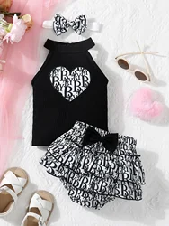 Newborn Summer Cute Casual Lmitation Brand Printed Neck Strap Sleeveless Top And Double Lace Bow Triangle Pants Set