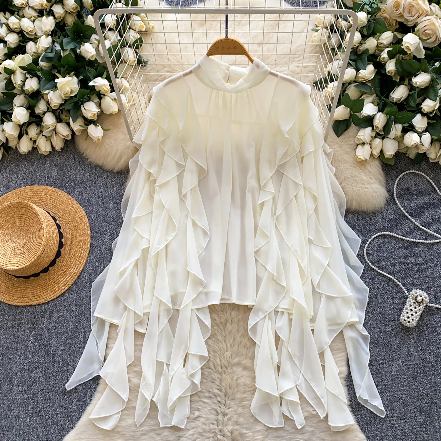 Elegant Sexy ruffle mesh long sleeve Top Women Korean Fashion hotsweet High Street Autumn Clothing