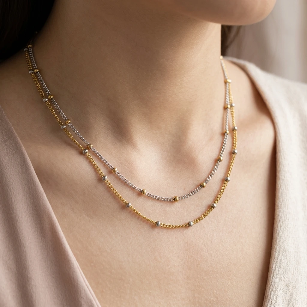 Miia Jewelry Two Tone Stainless Steel Layered Beaded Link Chain Necklace Women Minimalist Waterproof Choker Jewelry