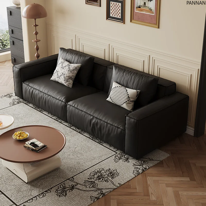 Tofu block sofa small apartment living room straight row three-person cream antique leather sofa