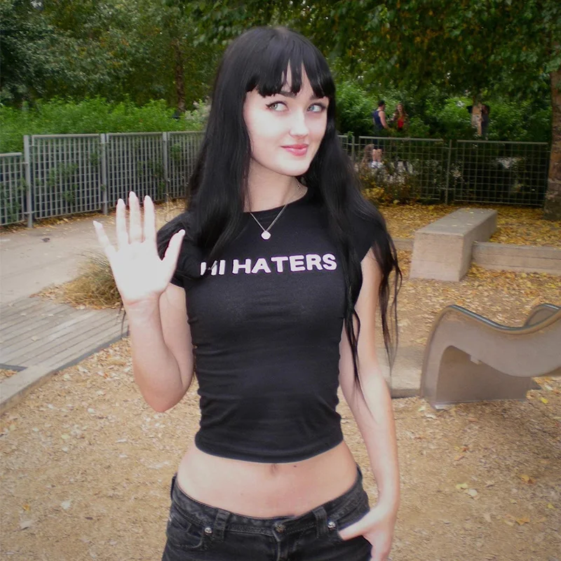 Hi Haters Letter Gothic T-shirt High Street Sexy Tees Harajuku Crop tops Short sleeve top Fairy Grunge Skinny Tops Y2k Clothes