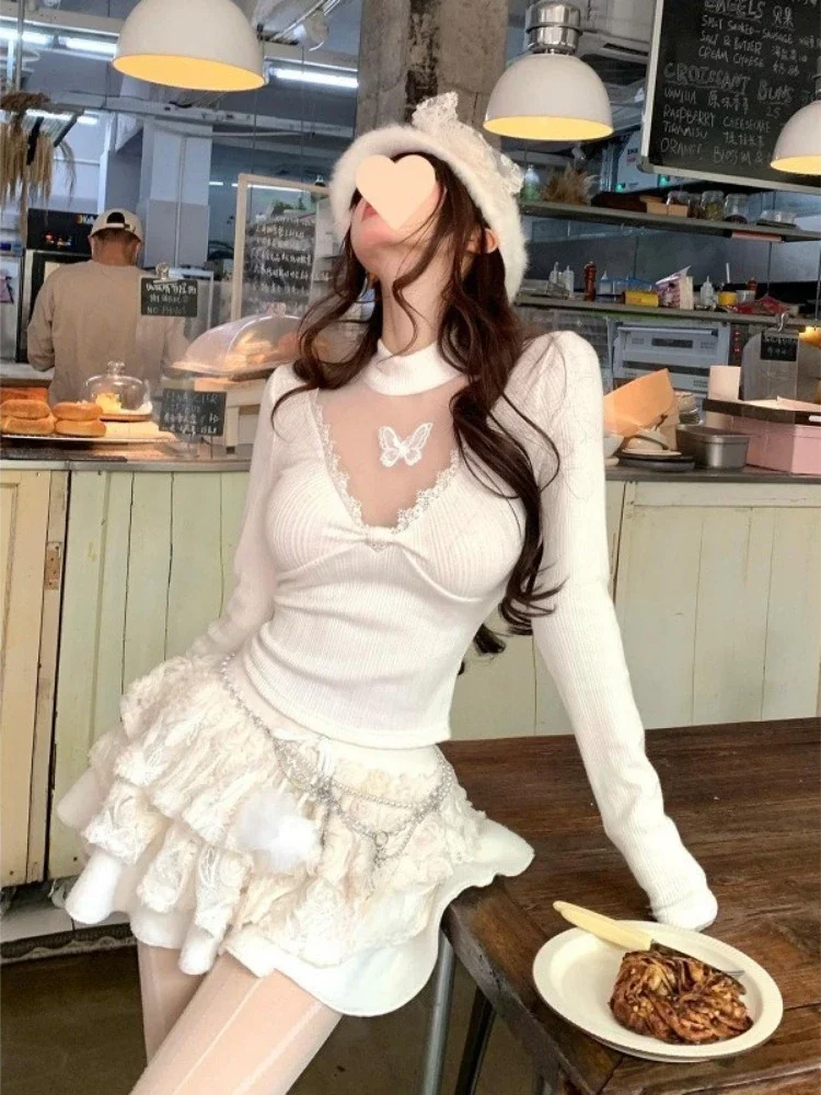 Y2k Aesthetic Women Sexy Knitted  T-shirt Vintage Lace Patchwork Grunge Cropped Tshirts Harajuku Vintage See Through Tees Femme