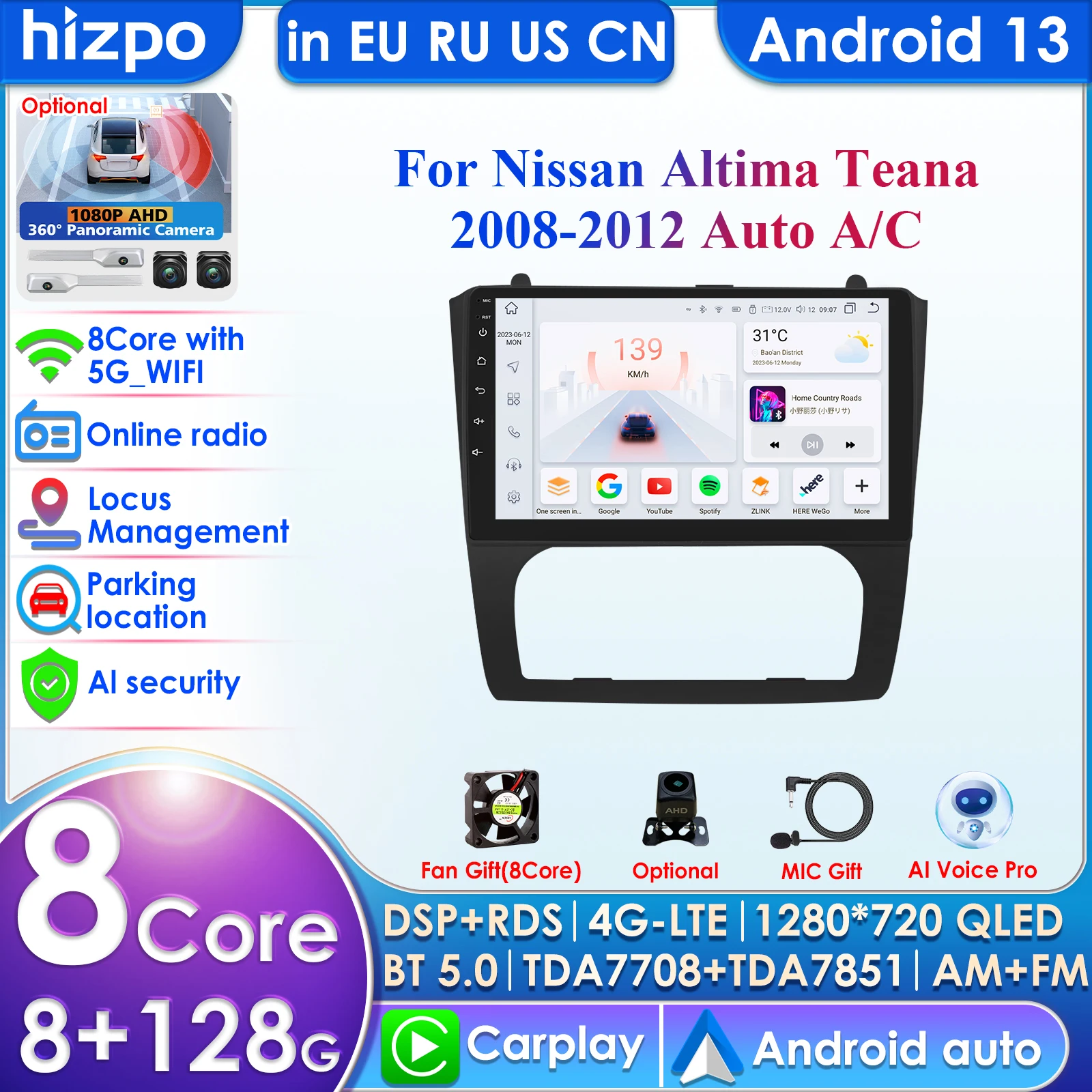

Carplay 4G-LTE Радио 2 Din Android 13 Автомобильный мультимедийный плеер для Nissan Altima Teana GPS-навигация WIFI DSP 9 дюймов 2din AutoRadio