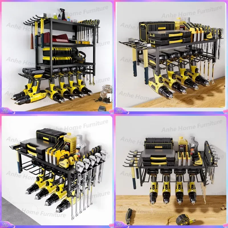 for Wall Mount Tool Organizer Heavy Duty 2/4-Tier Garage Storage Rack with 6 Drill Holders and Hooks Space Saving Workshop