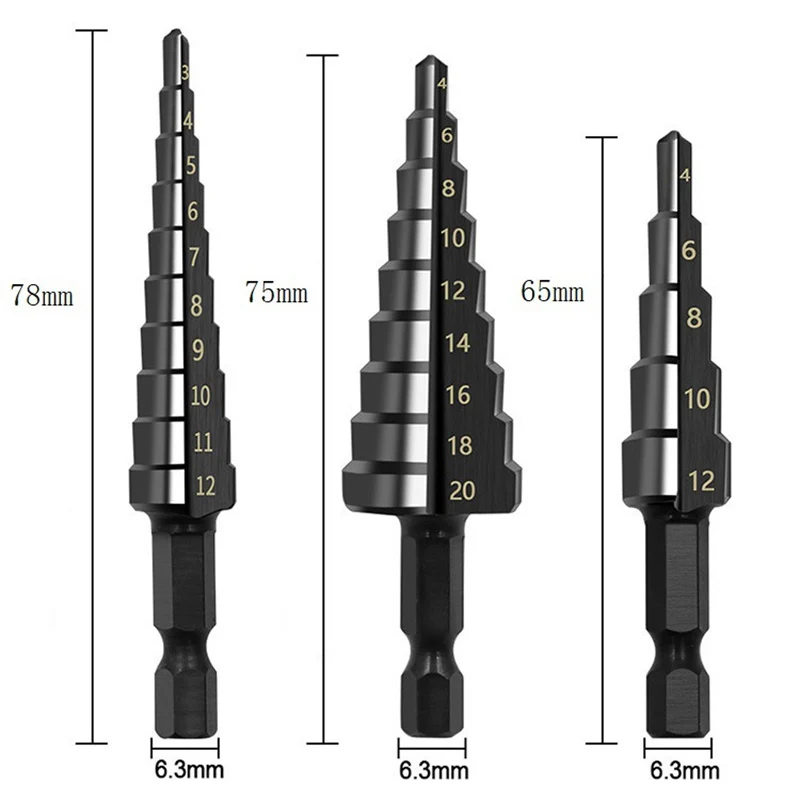 3Pcs HSS Straight Groove Step Drill Bits Set Nitrogen Coated Drilling Power Tools Wood Metal Hole Cutter Core Drilling Bit Tools