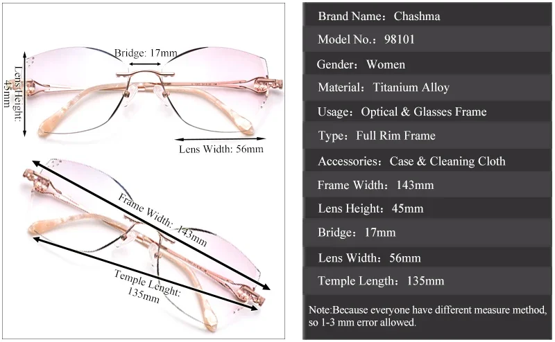 Chashma Rimless Light Frame Diamond Stones Trend Eyeglasses Titanium UV400 Protection Colored Sunglasses Spectacles for Women