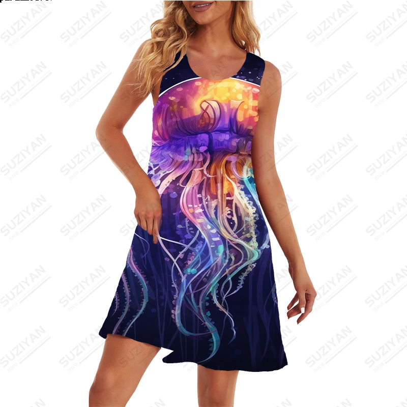 2023 Summer O-Neck Dress Women Casual Sleveless DressInteresting Jellyfish 3D Printing Pattern Dress Thigh-Length Dresses