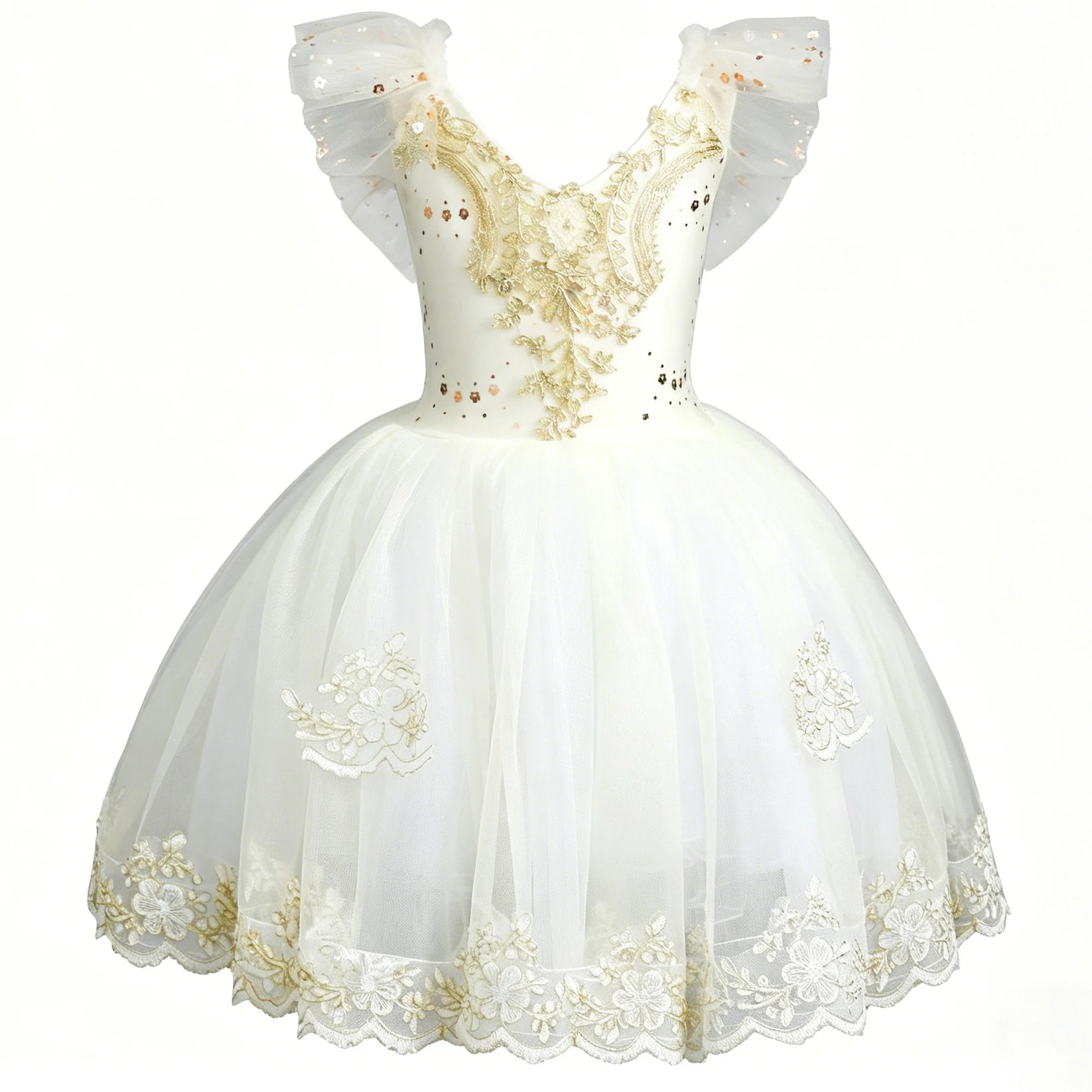 

Professional Elegant Gauzy Ballet Dress Fly Sleeve Embroider Sequin Patchwork Ballerina Party Dress Children Girl Dance Costumes
