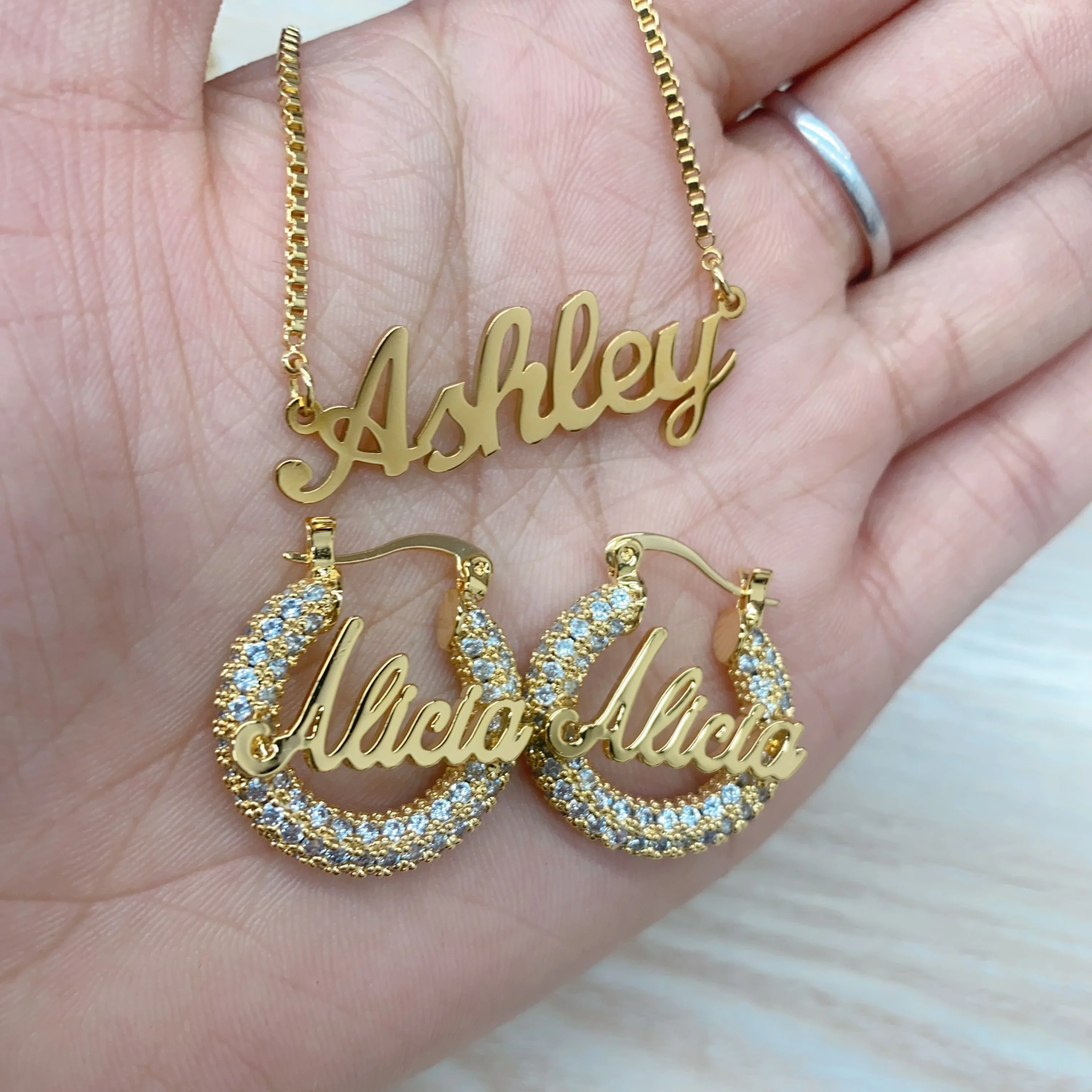 

New Name Hoop Earrings Custom Name Necklace Bling Hoop Earrings Personalized Names Earrings Nameplate Jewelry Set For Women Gift