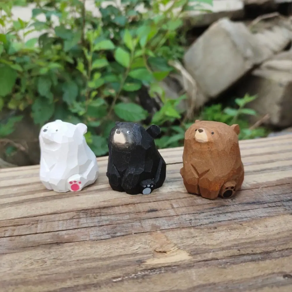 

Creative Solid Wood Wooden Bear Figurines Hand Carved Cute Polar Bear Ornament Realistic Funny Mini Bear Statue Home Decoration