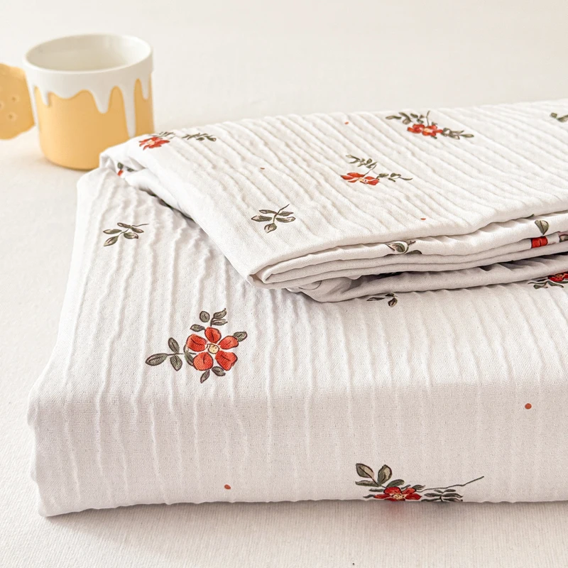 Floral Printed Cotton Wrinkled Fitted Sheet (No Pillowcase) 1Pc- Hypoallergenic, Super Soft Breathable,Fav for Dryness Lovers