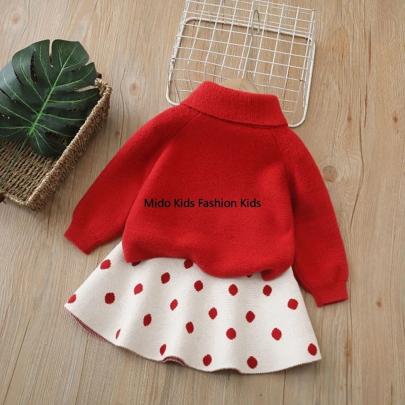 Girls' Two-Piece Knitted Sweater Set with Bow Scarf New Autumn/Winter Collection for New Year Greetings Sweet Christmas Outfit
