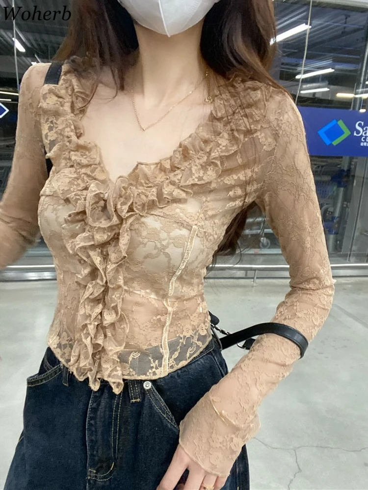 

Sexy Women V Neck Lace Jacquard Shirts Slim Fit Long Sleeve Crop Blouses Camisas De Mujer Folds Vintage See Through Y2k Blouse