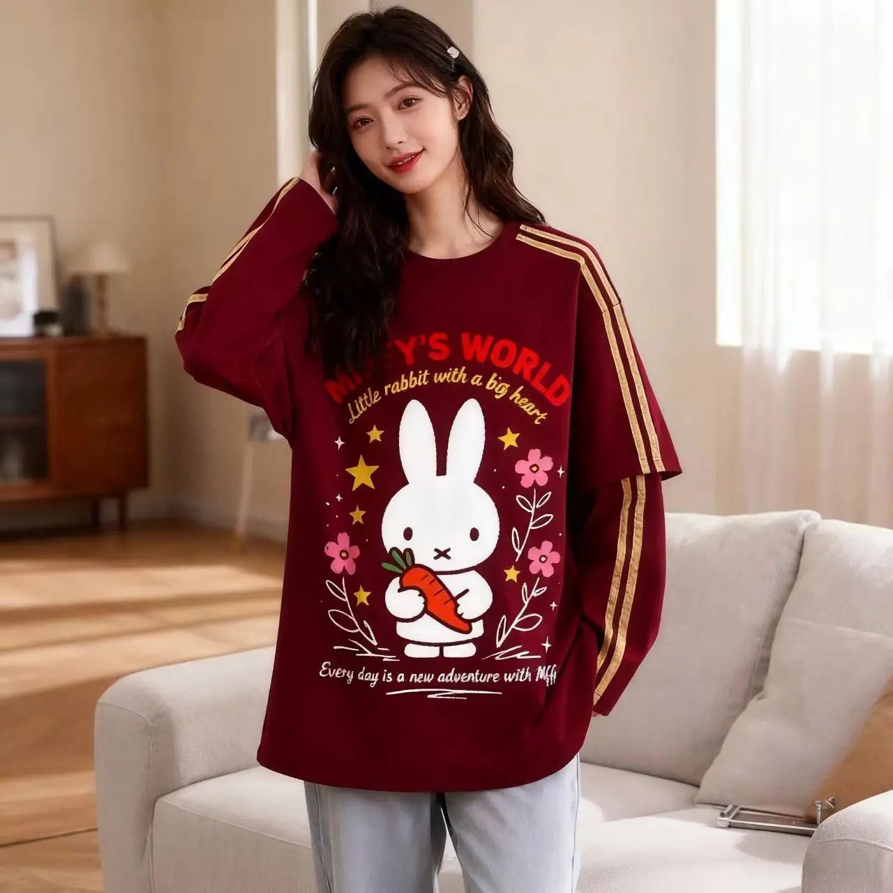 Новая толстовка с капюшоном Miffy, искусственное пальто из двух предметов, осеннее пальто с длинными рукавами и круглым вырезом, повседневная свободная универсальная основа в стиле ретро