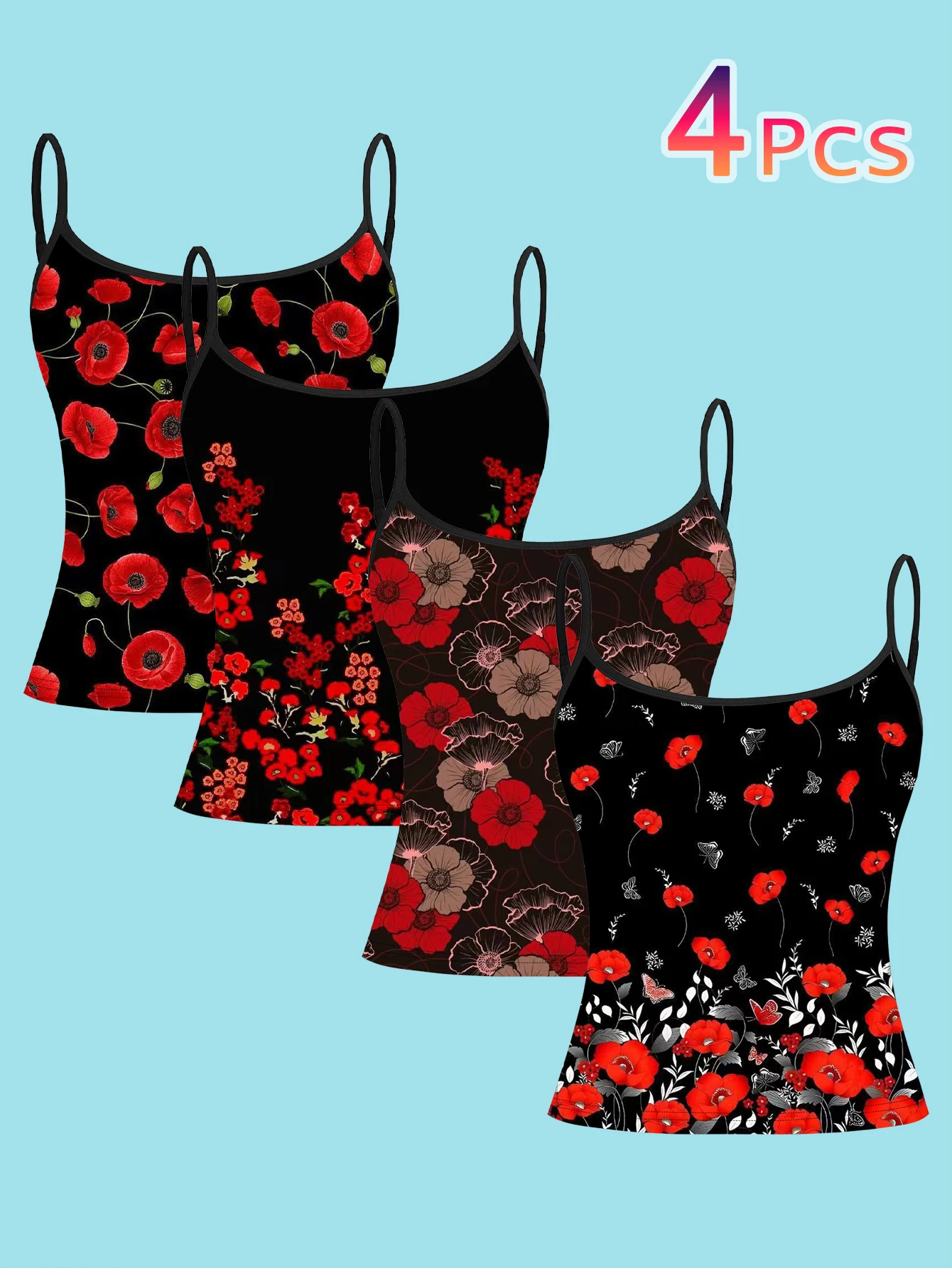4-Piece Set of Vintage Red Poppy Floral Print Camisoles, Black Base with Large Red Floral Design, Women's Slim-Fit Spaghetti Strap Sleeveless Tops for Outerwear or Layering