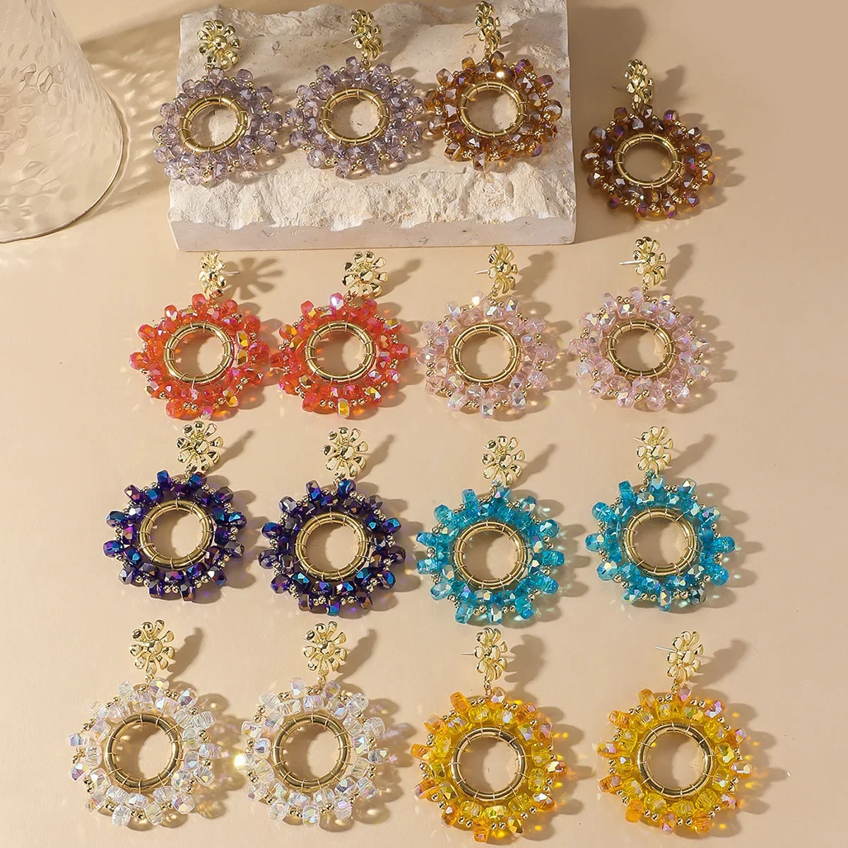 

2025 Handmade Beaded Earrings Roundness Flowers Hollow Out Bosimi Beads Originality Hand Knitting Female Fashion
