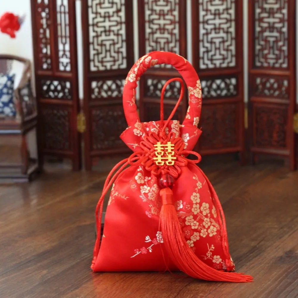 

Chinese Style Canvas Flower Drawstring Bag Dragon Bird Chinese Knot Tassel Handbag Phoenix Large Capacity New Year Bucket Bag