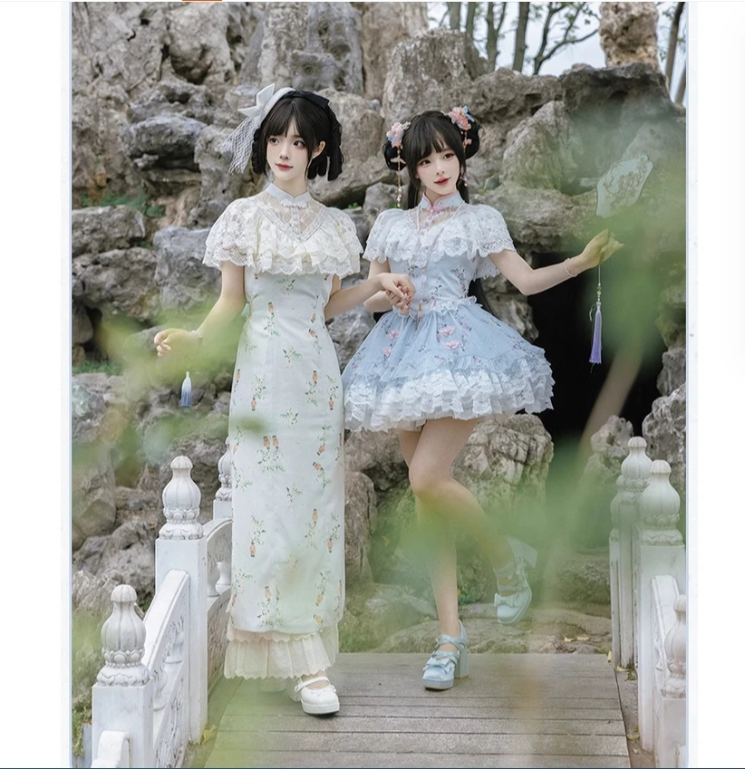 Origineel ontwerp voor meisjes met Chinese stijl bedrukte verbeterde lange cheongsam OP cheongsam broek dubbele stijl jurk