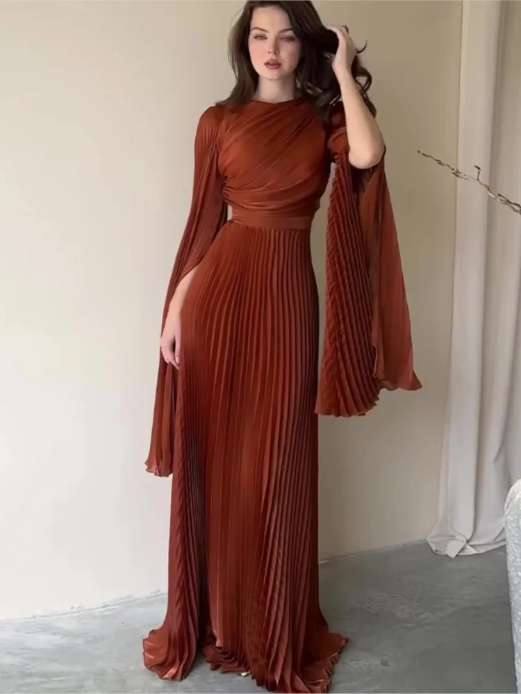 فستان أنيق ذو ثنيات بلون واحد موضة عالية الخصر فساتين سهرة طويلة ضيقة لخريف 2025 فساتين حفلات نسائية بأكمام طويلة #2