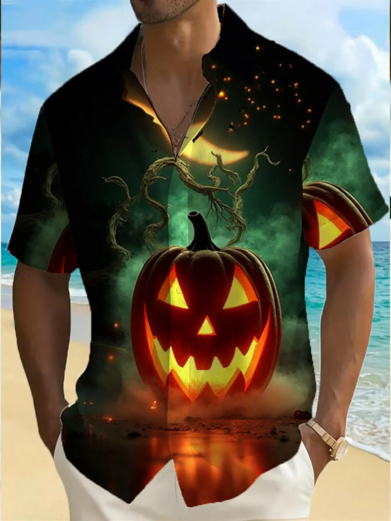 Men's Shirt Short Sleeve Halloween Glowing Pumpkin Moon Twisted Tree Print Turn‑Down Loose Casual Holiday Top Men Clothes