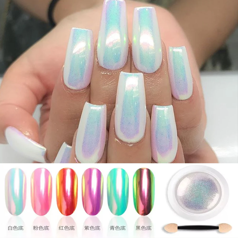 1jar aurora prego em pó espelho efeito cromo arte do prego sereia arco-íris ab espelho mágico em pó sereia pérola concha colorida em pó