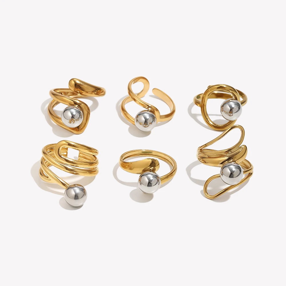 E.B.belle Irregular Twisted Wire Open Ring For Women Two Tone Ball Bead Adjustable Statement Ring Stainless Steel Jewelry Gift