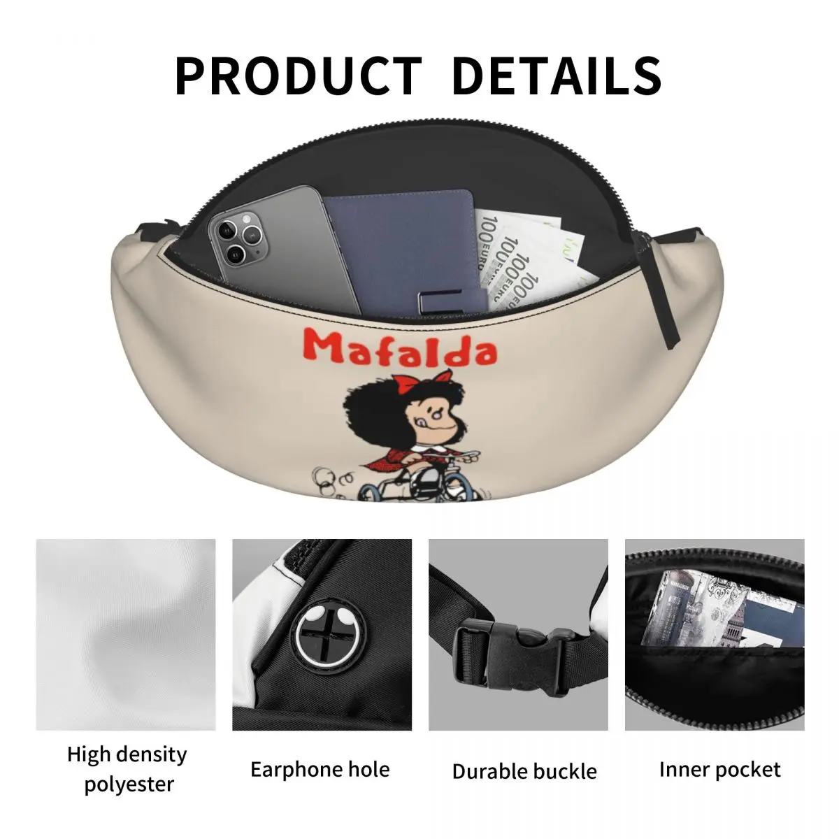 Mafalda Bicycle 3 Wheels Fanny Pack Men Women Quino Manga Cartoon Crossbody Waist Bag for Cycling Camping Phone Money Pouch