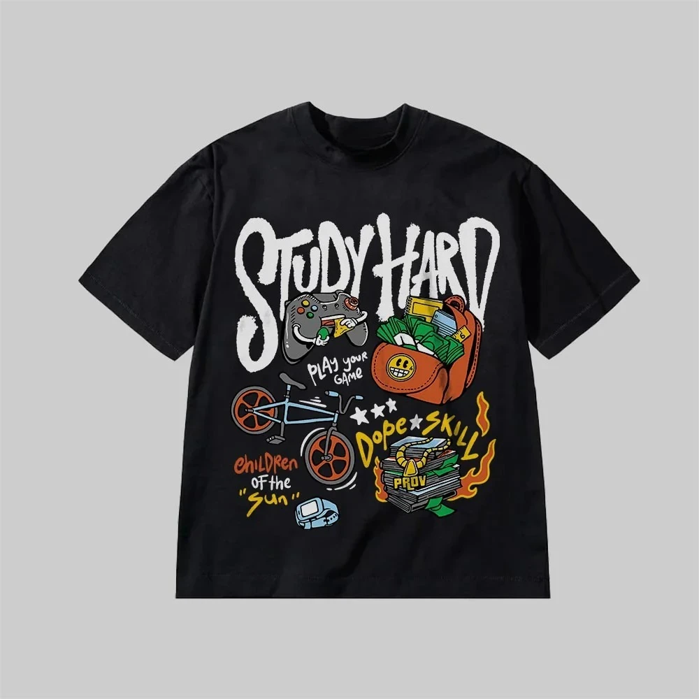 

Study Hard Graphic Printing Summer Luxury Brand Cotton Men's and Women's T-Shirts Short Sleeves Street Fashion Trend Clothing
