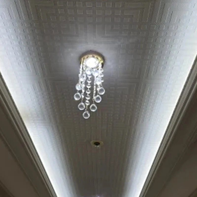 High Quality Dia8*H15.5cm Golden Pendant Mini Crystal Chandelier Suspend LED Ceiling Light Crystal Corridor Hanging Lamps