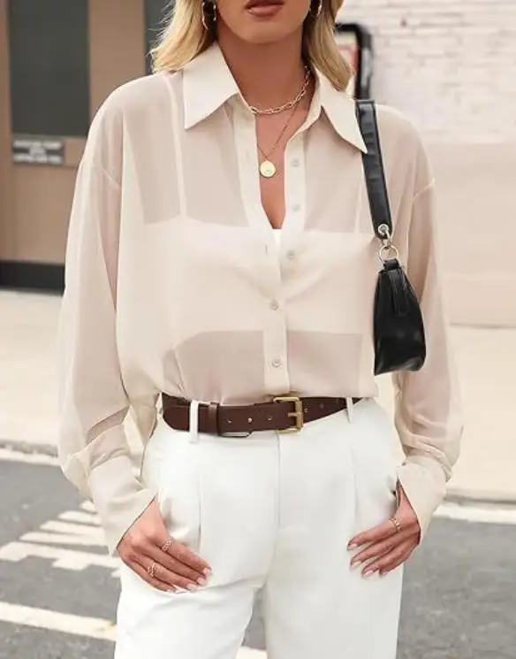 

Women Blouse 2026 Spring Autumn New Solid Color Sexy Semi Transparent Turn-Down Collar Long Sleeve Loose Casual Chiffon Shirt