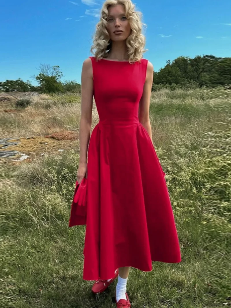 Fashion Elegant O-neck Sleeveless Backless A-line Long Dresses Red Black High Waist Tunics Zip-up Party Evening Dress Fall 2024