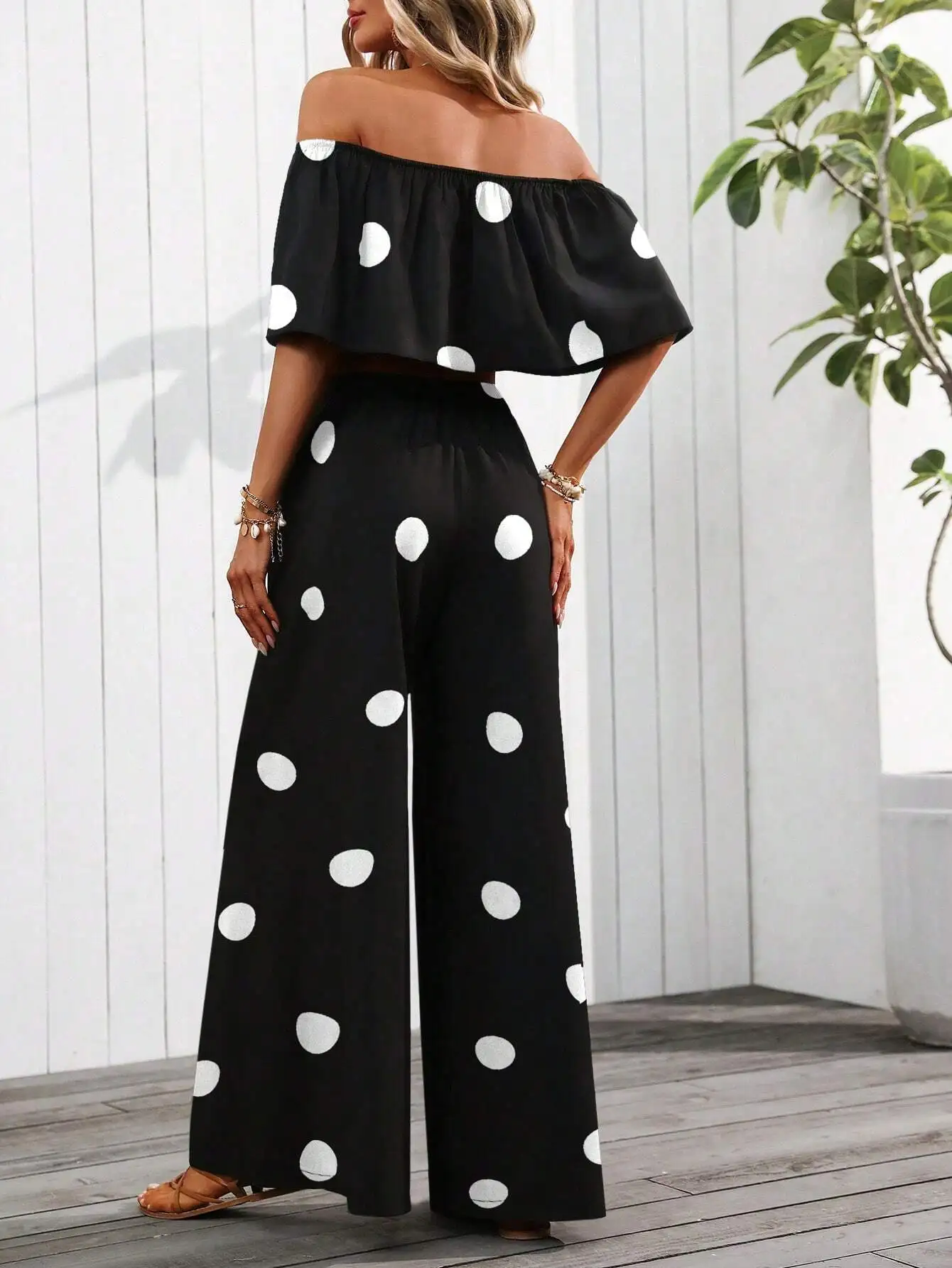 

Women Off Shoulder Cropped Top And Wide Leg Pants Polka Dot Print Loose Casual 2pcs Set