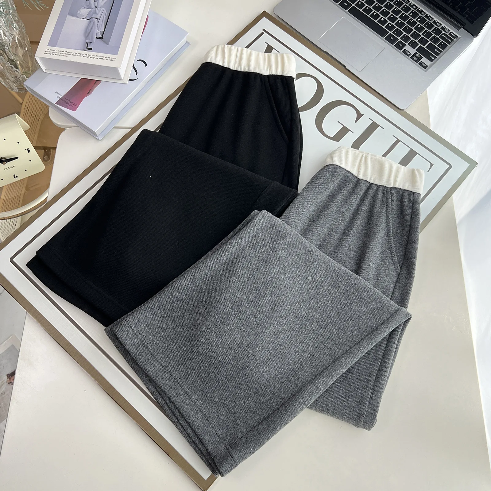 حجم كبير المرأة السراويل الساق المستقيمة الخريف عارضة اللون حجب هايت الخصر واسعة الساق السراويل 387