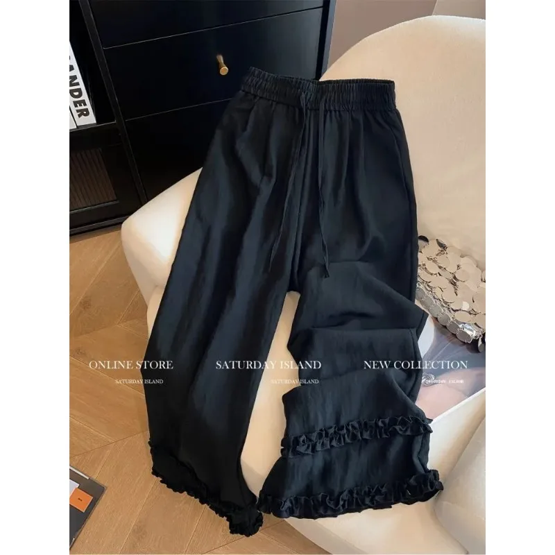 Women High Waist Drawstring Elastic Waist Ruffle Hem Wide Leg Casual Straight Pants
