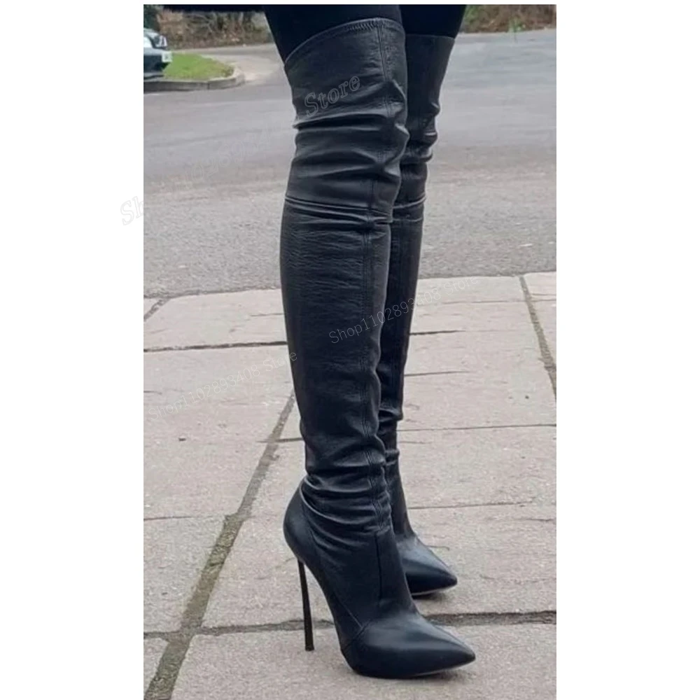 Black Metal Stiletto High Heel Over the Knee Boots Pointed Toe Matte Leather Solid Women Shoes 2024 Fashion Zapatos Para Mujere