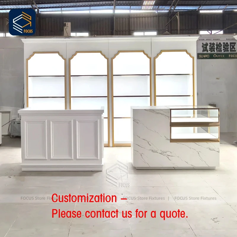 custom.Custom White Lacquer Wooden Display Wall Cabinet Marble Pattern Counter Gold Trim Retail Display Fixture